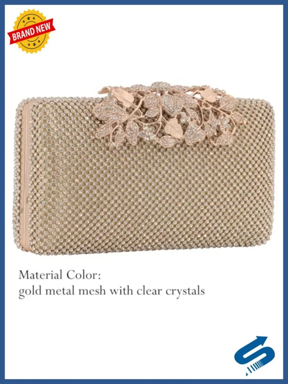 Women's Rhinestone Evening Clutch Bag with Gold Flower Clasp, Hard Shell,